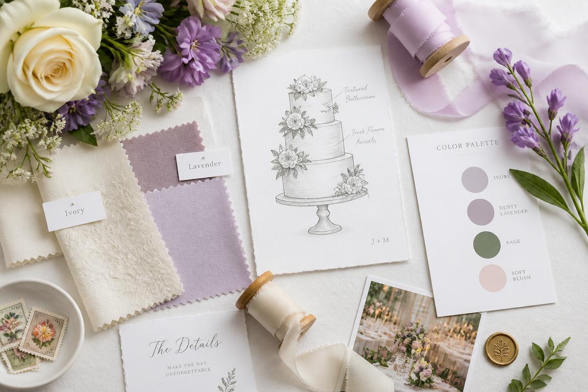A wedding mood board with flowers, fabric and a cake sketch